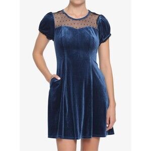 Hot Topic Blue Velvet Dress L Illusion Neckline Whimsigoth Dark Fairy Holidays